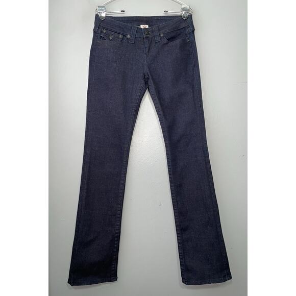 True Religion Size 29 Dark Denim Low Rise Jeans Slim Straight Y2K Sequin Pockets - Picture 3 of 13